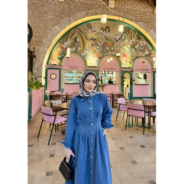 Polins Düğmeli Kot Elbise - Açık Mavi