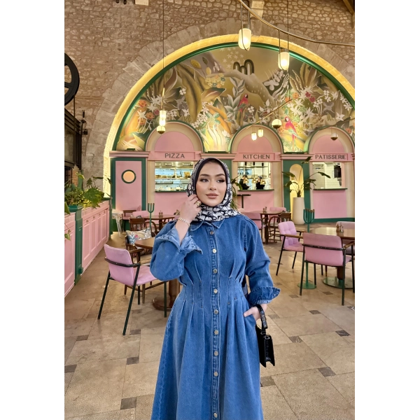 Polins Düğmeli Kot Elbise - Açık Mavi