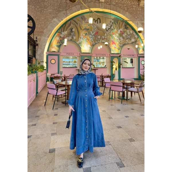 Polins Düğmeli Kot Elbise - Açık Mavi