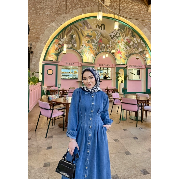 Polins Düğmeli Kot Elbise - Açık Mavi