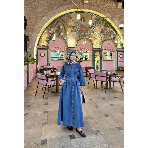 Polins Düğmeli Kot Elbise - Açık Mavi