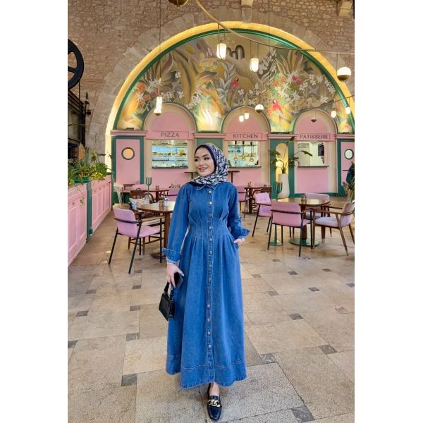 Polins Düğmeli Kot Elbise - Açık Mavi