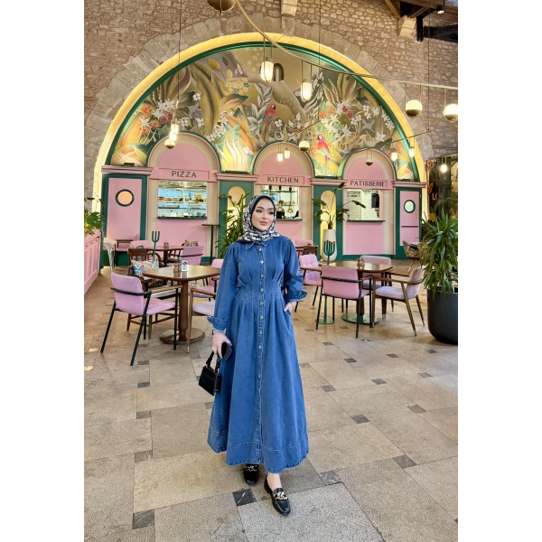 Polins Düğmeli Kot Elbise - Açık Mavi