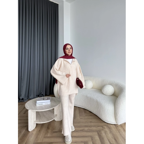 Polo Yaka Örgü Triko Takım - Bej