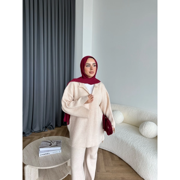 Polo Yaka Örgü Triko Takım - Bej