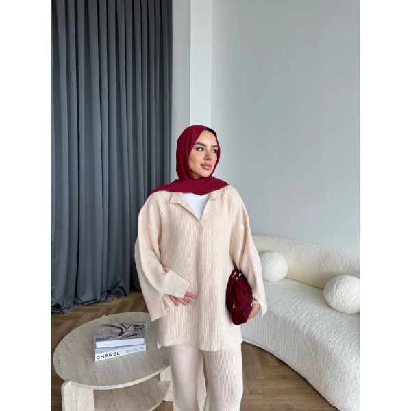 Polo Yaka Örgü Triko Takım - Bej