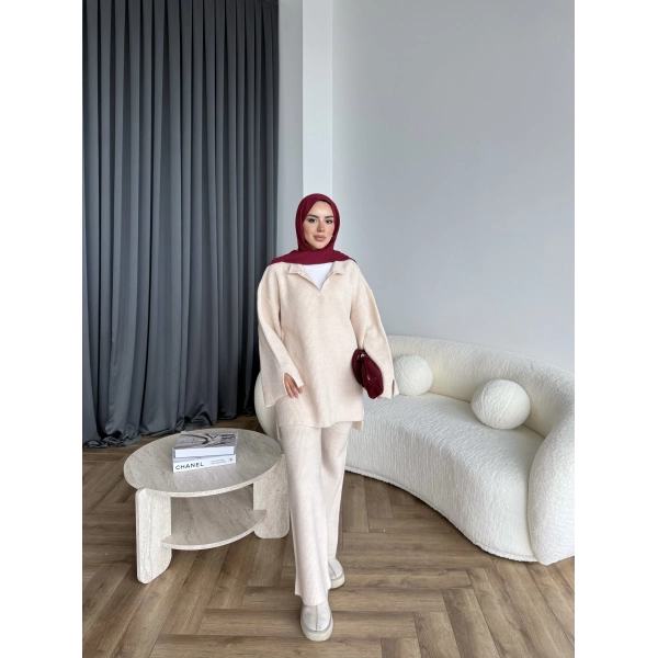 Polo Yaka Örgü Triko Takım - Bej