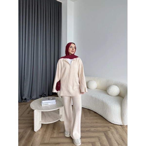 Polo Yaka Örgü Triko Takım - Bej