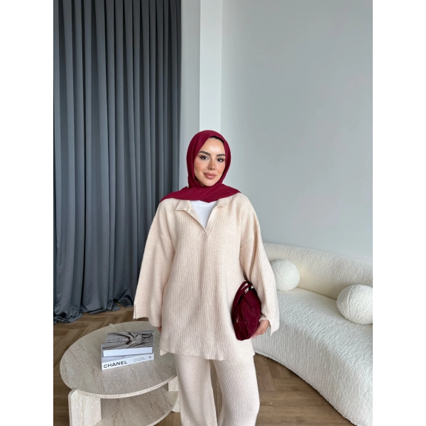 Polo Yaka Örgü Triko Takım - Bej