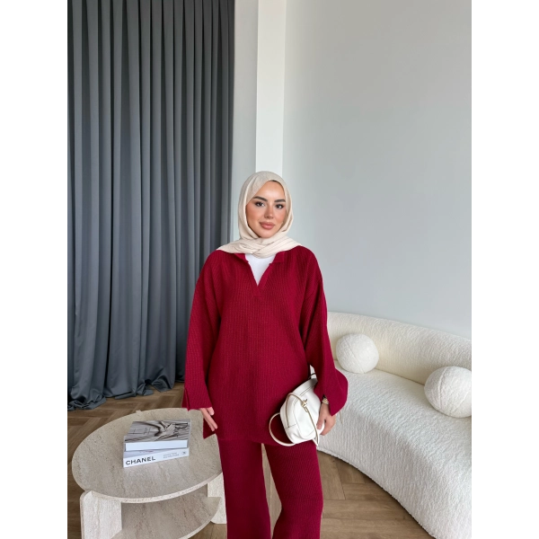 Polo Yaka Örgü Triko Takım - Bordo