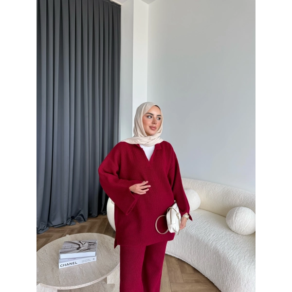 Polo Yaka Örgü Triko Takım - Bordo