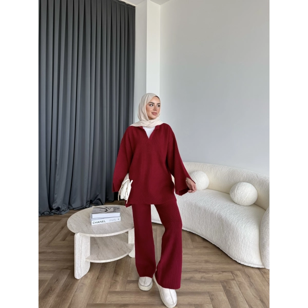 Polo Yaka Örgü Triko Takım - Bordo