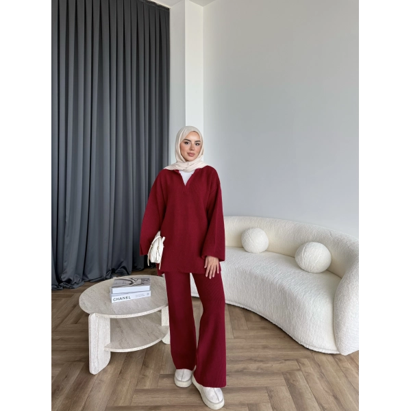 Polo Yaka Örgü Triko Takım - Bordo