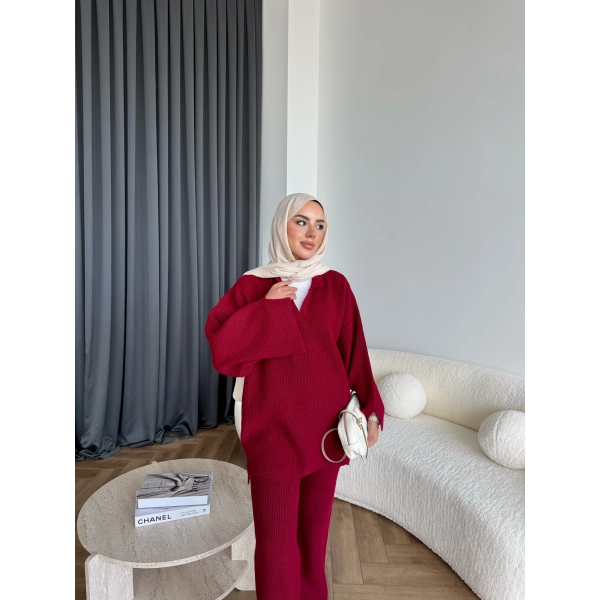 Polo Yaka Örgü Triko Takım - Bordo