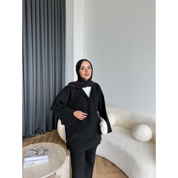 Polo Yaka Örgü Triko Takım - Siyah