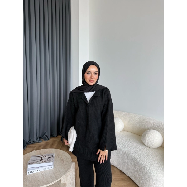 Polo Yaka Örgü Triko Takım - Siyah