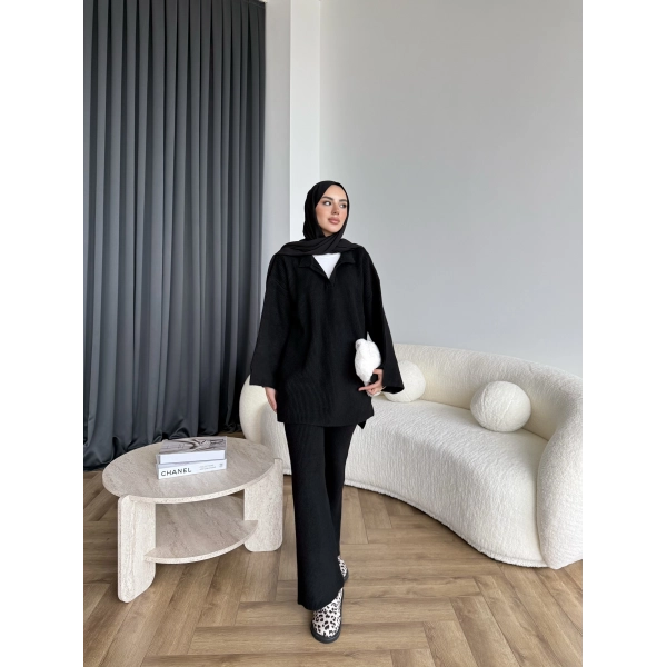 Polo Yaka Örgü Triko Takım - Siyah