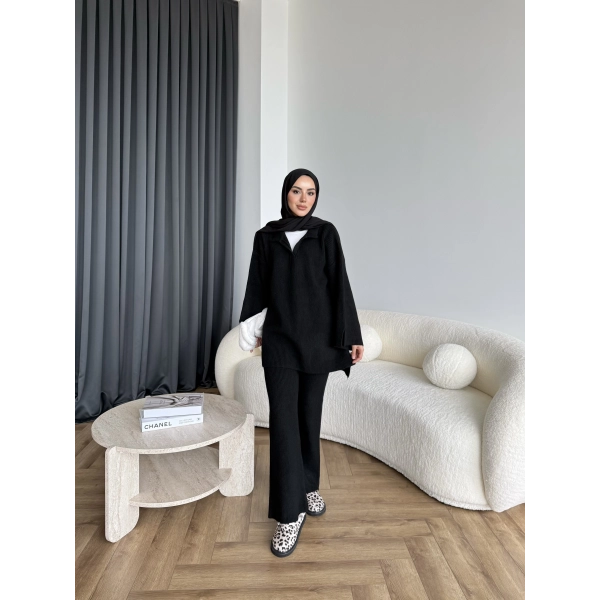 Polo Yaka Örgü Triko Takım - Siyah