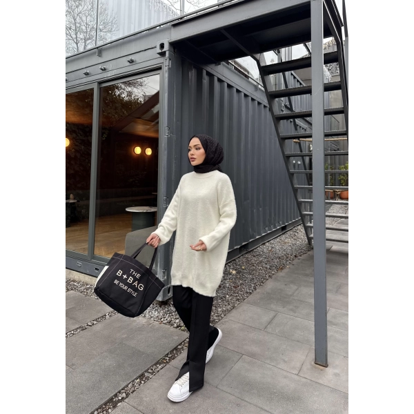 Sakallı Triko Tunik Kazak - Beyaz