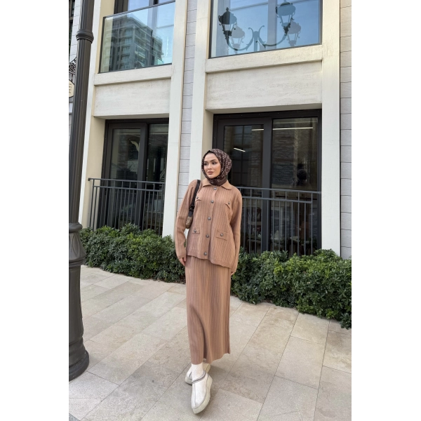 Sara Etekli Triko Takım - Camel