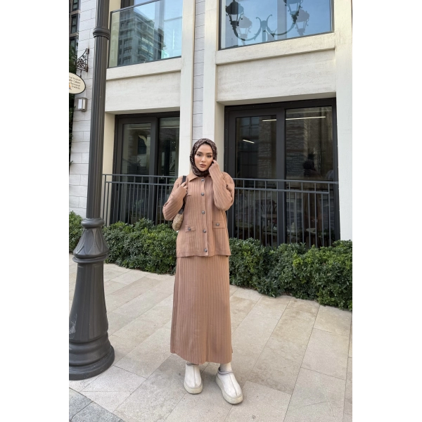 Sara Etekli Triko Takım - Camel