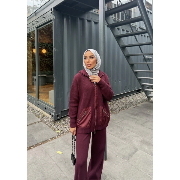 Selita Ön Fermuarlı Triko Takım - Bordo