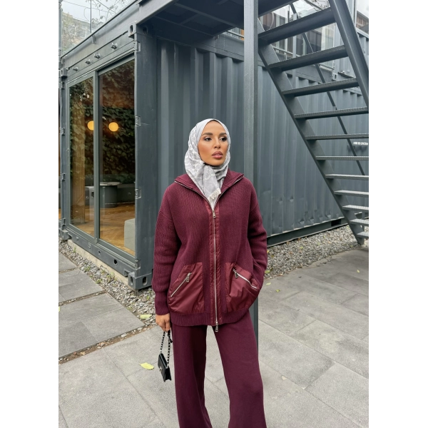 Selita Ön Fermuarlı Triko Takım - Bordo