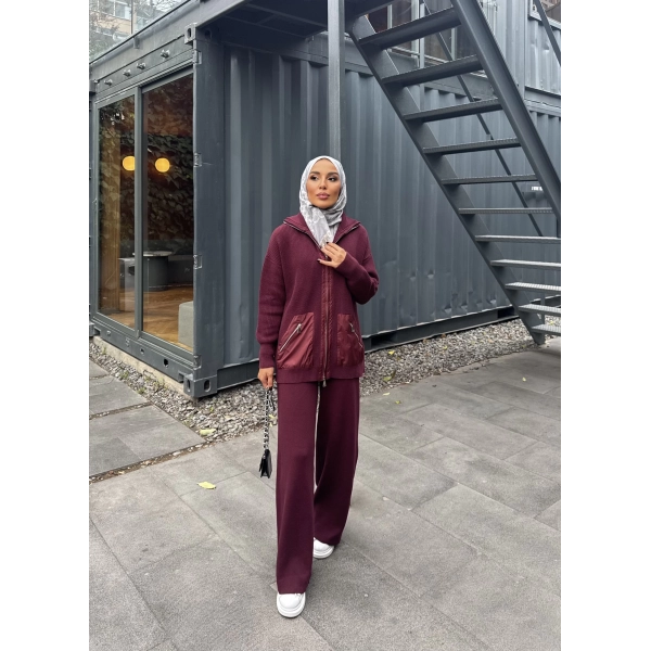 Selita Ön Fermuarlı Triko Takım - Bordo
