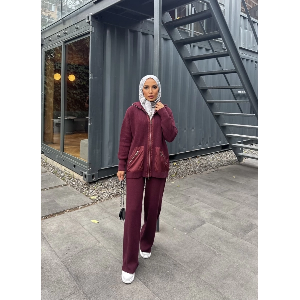 Selita Ön Fermuarlı Triko Takım - Bordo