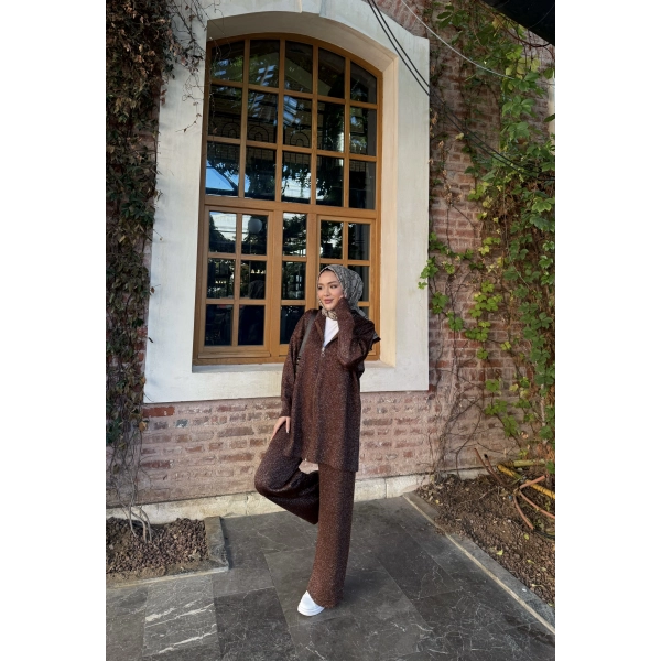 Simli Fermuarlı Triko Takım - Kahve