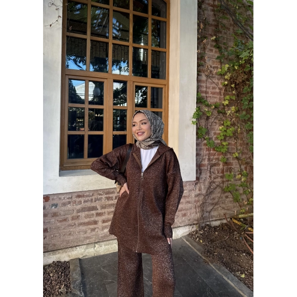 Simli Fermuarlı Triko Takım - Kahve