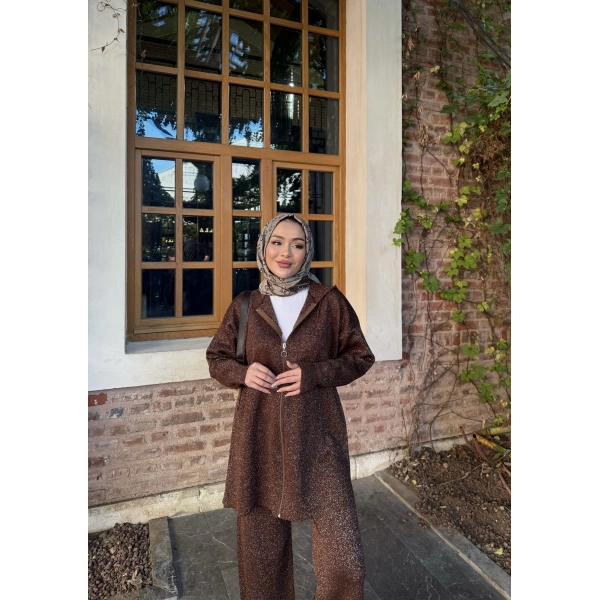 Simli Fermuarlı Triko Takım - Kahve