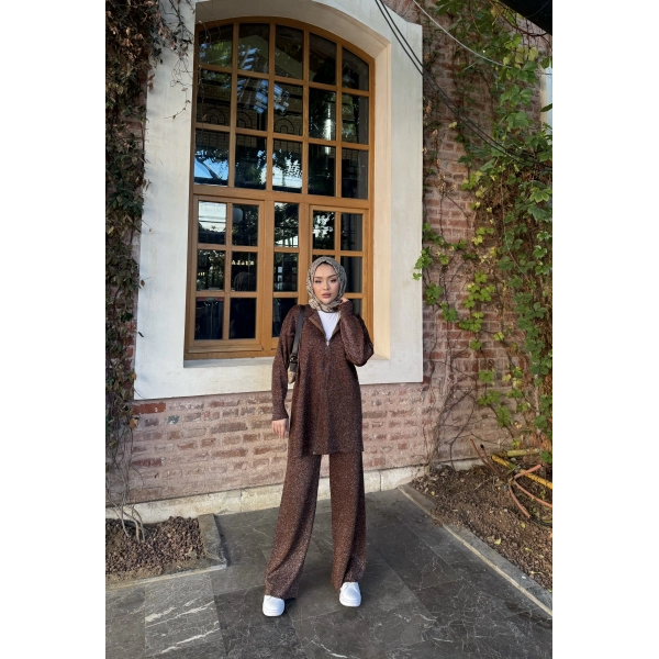 Simli Fermuarlı Triko Takım - Kahve