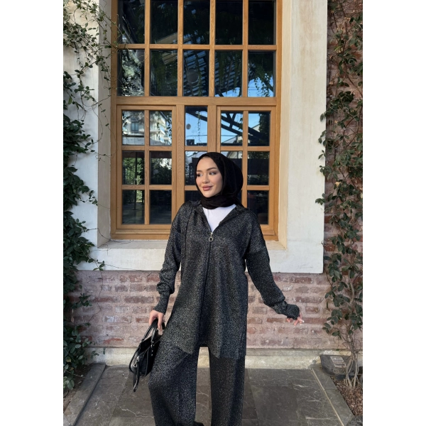 Simli Fermuarlı Triko Takım - Siyah