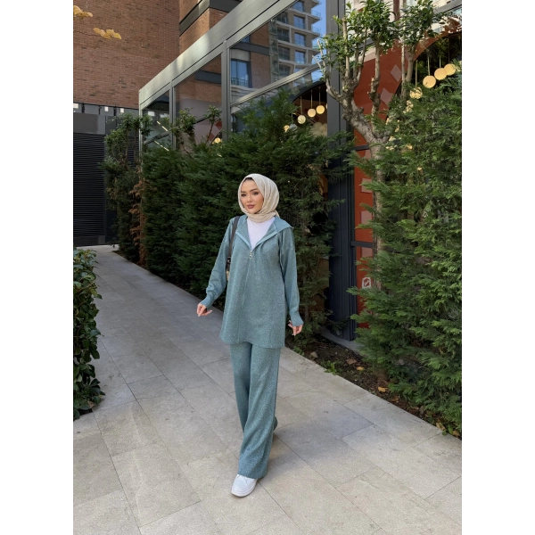 Simli Fermuarlı Triko Takım - Yeşil