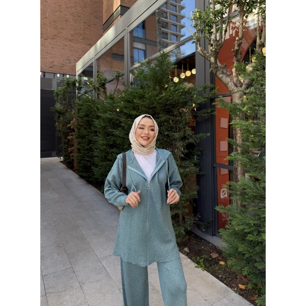 Simli Fermuarlı Triko Takım - Yeşil