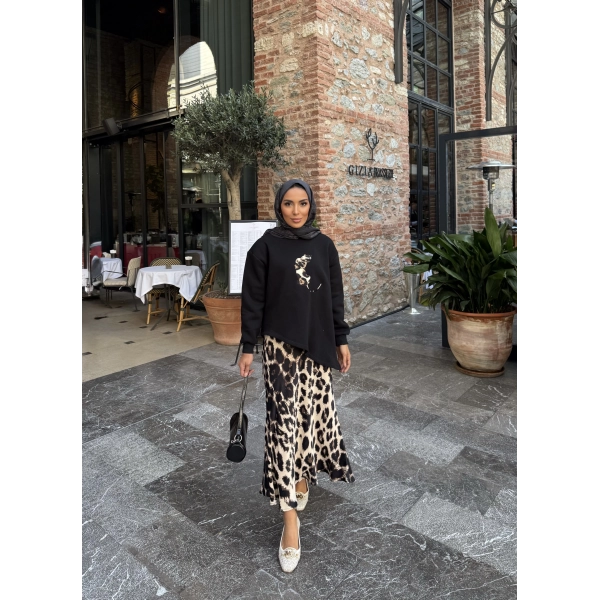 Şinda Leopar Detaylı Takım - Siyah