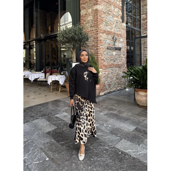 Şinda Leopar Detaylı Takım - Siyah