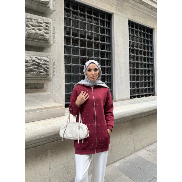 Soul Taşlı Hırka - Bordo