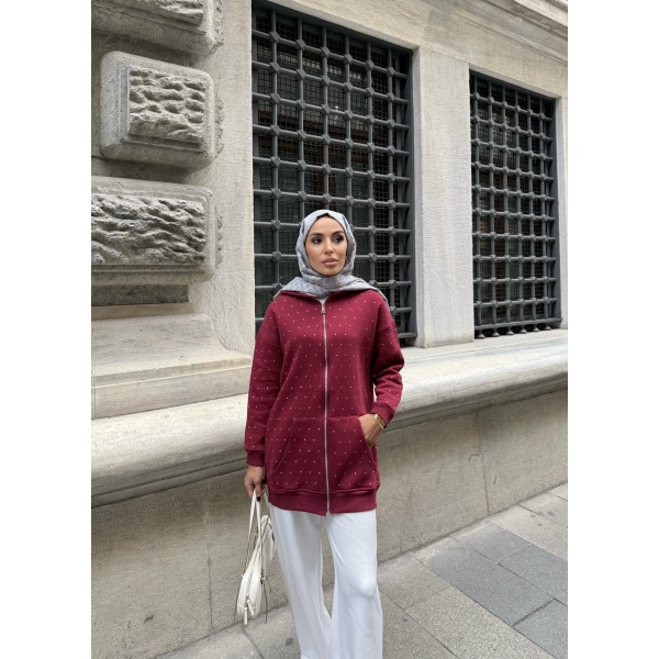 Soul Taşlı Hırka - Bordo