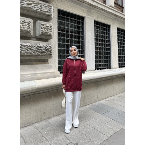 Soul Taşlı Hırka - Bordo