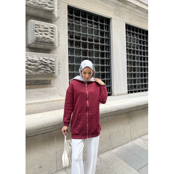 Soul Taşlı Hırka - Bordo