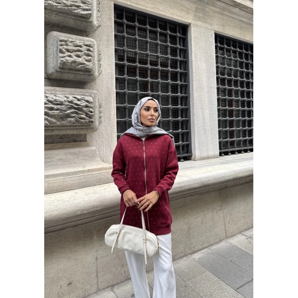 Soul Taşlı Hırka - Bordo