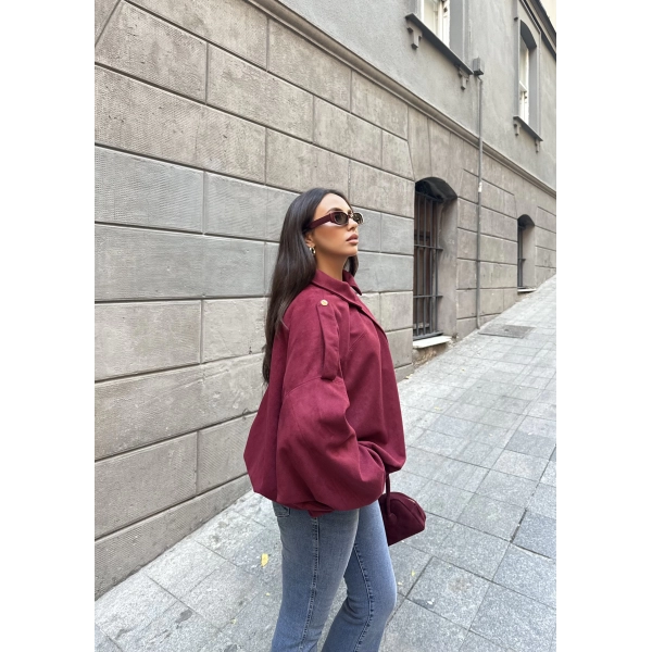 Süet Kumaş Bomber Ceket - Bordo