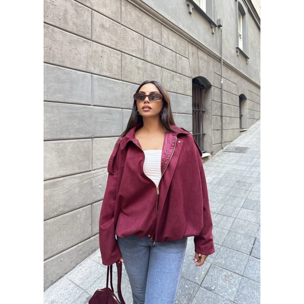 Süet Kumaş Bomber Ceket - Bordo
