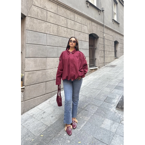 Süet Kumaş Bomber Ceket - Bordo
