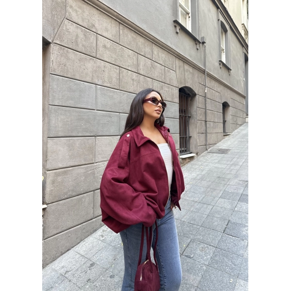 Süet Kumaş Bomber Ceket - Bordo