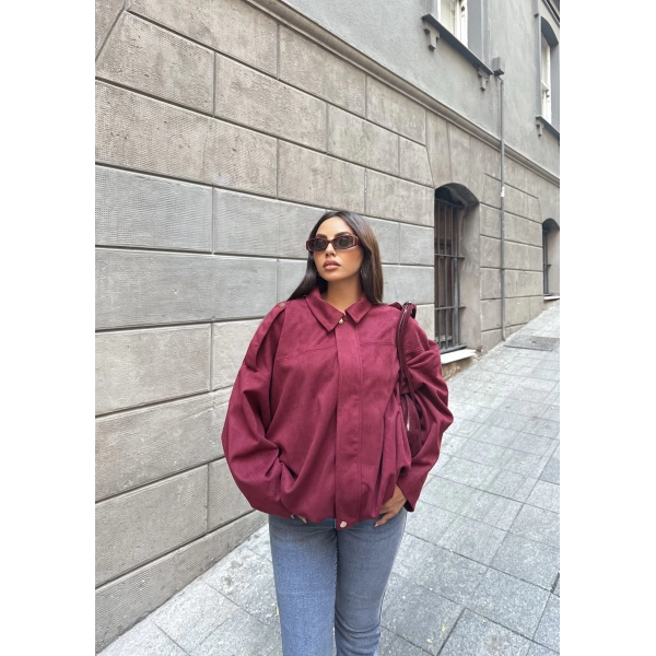 Süet Kumaş Bomber Ceket - Bordo