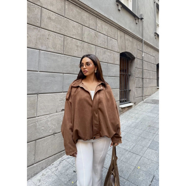 Süet Kumaş Bomber Ceket - Kahve
