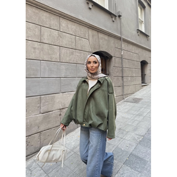 Süet Kumaş Bomber Ceket - Yeşil